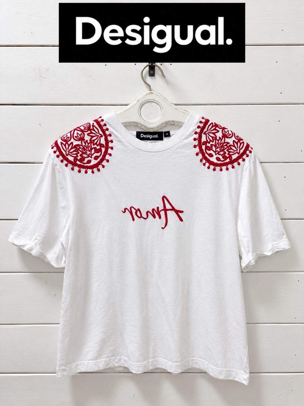 Desigual Embroidered Amor T-Shirt – White & Red – Size M